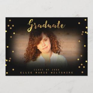 Chic Script Faux Gold Foil Confetti Graduate Photo Invitation