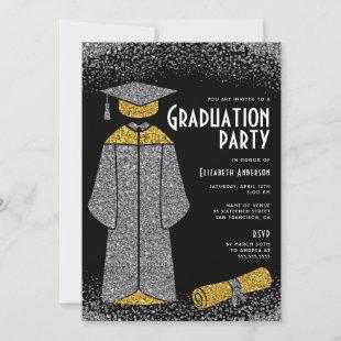 Chic Silver Gold Glitter Graduation Party Invitation