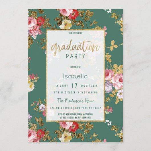 Chic summery green pink gold floral Graduation Invitation
