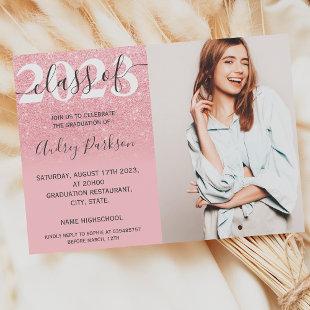 Chic trendy pink glitter ombre photo graduation invitation