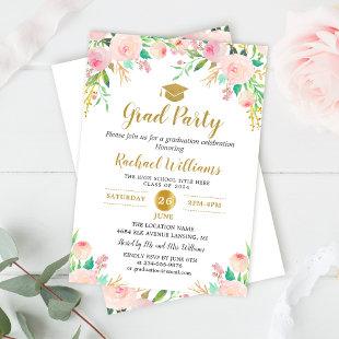Chic Watercolor Floral Pink Gold Graduation Party Invitation