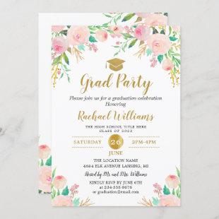 Chic Watercolor Floral Pink Gold Graduation Party Invitation