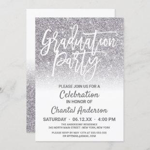 Chic White Silver Faux Glitter Ombre Graduation Invitation