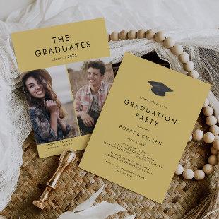 Chic Yellow Grad Cap Photo Double Graduation Party Invitation