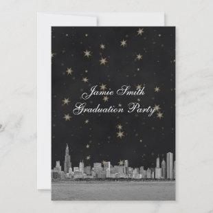 Chicago Skyline Black Gold Star Graduation V Invitation