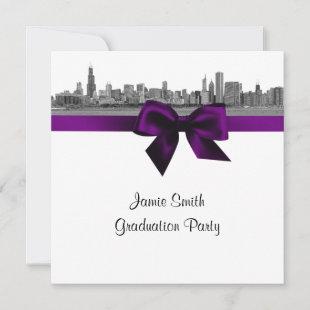 Chicago Skyline Etch BW Purple SQ Graduation Party Invitation