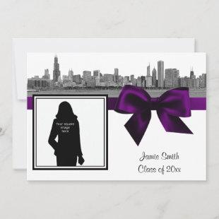 Chicago Skyline Etched BW Purple Photo Graduation Invitation