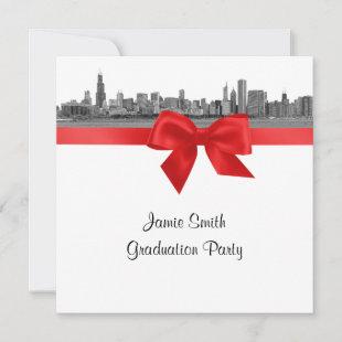 Chicago Skyline Etched BW Red SQ Graduation Party Invitation