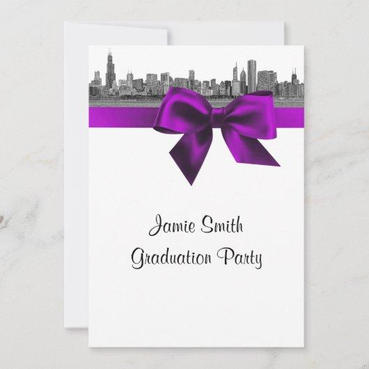 Chicago Skyline Etched BW Violet Graduation Party Invitation