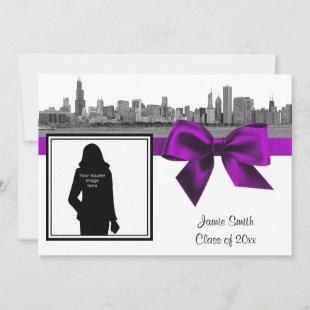 Chicago Skyline Etched BW Violet Photo Graduation Invitation