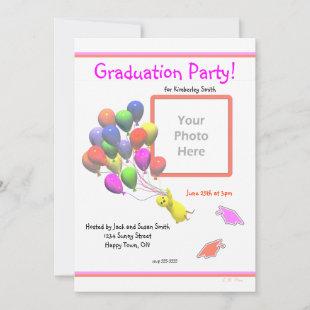 Chick and Balloons Kindergarten Photo Graduation Invitation