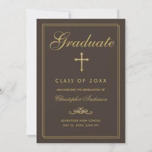 Christian Graduation Brown Gold Cross Script Announcement
