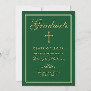 Christian Graduation Green Gold Cross Script Announcement