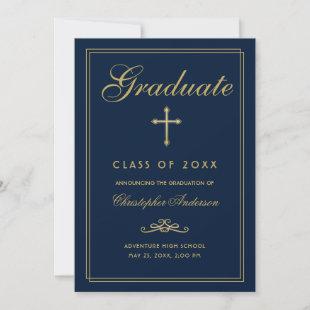 Christian Graduation Navy Blue Gold Cross Script Announcement