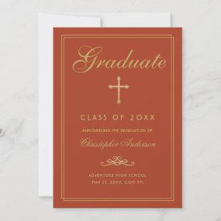 Christian Graduation Orange Gold Cross Script Announcement
