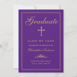 Christian Graduation Purple Gold Cross Script Announcement