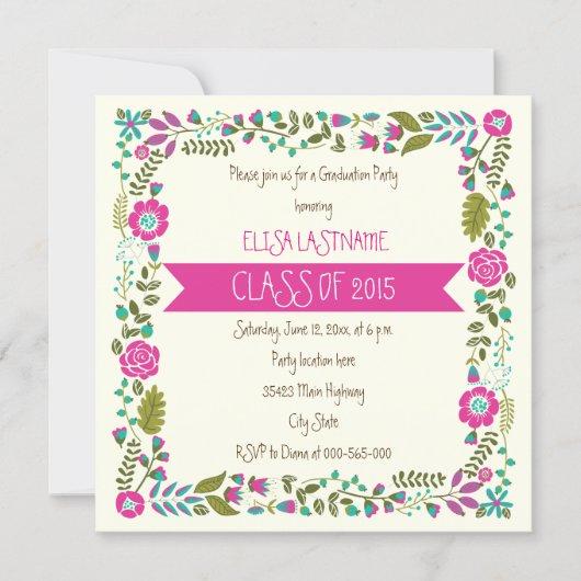 Class of 2015 pink & aqua floral border graduation invitation