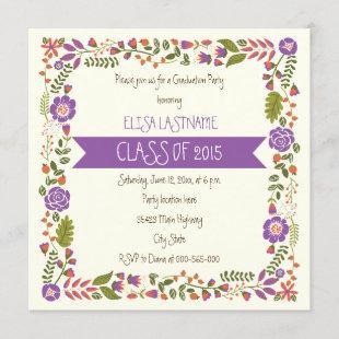 Class of 2015 purple floral border graduation invitation