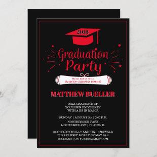 Class of 2018 Grad Cap Red Black Graduation Party Invitation