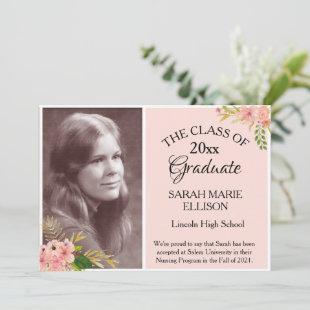 Class of 2021 Blush Pink Floral Photo Graduation Invitation
