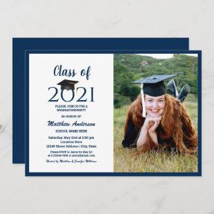 Class of 2021 Navy Blue Graduate Photo Graduation Invitation