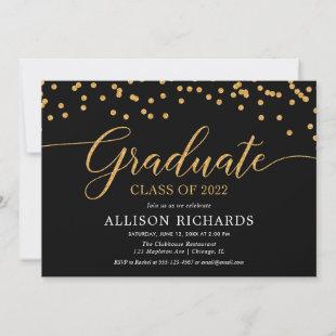 Class of 2022 black gold confetti graduation party invitation