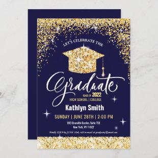 Class of 2022 Gold Glitter Blue Elegant Graduation Invitation