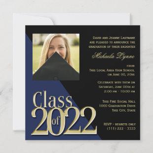 Class of 2022 Grad Gold and Blue with Photo  Invitation