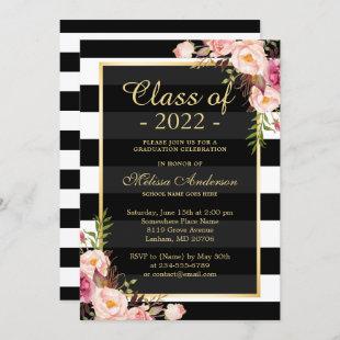 Class of 2022 Graduation Classy Floral Stripes Invitation