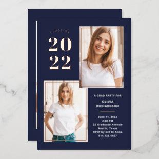 Class of 2022 Photo Navy and Rose Gold Grad Party Foil Invitation