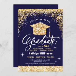 Class of 2023 Gold Glitter Blue Elegant Graduation Invitation