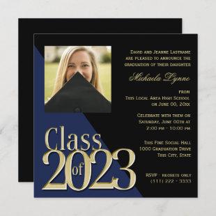Class of 2023 Grad Gold and Blue with Photo Invitation