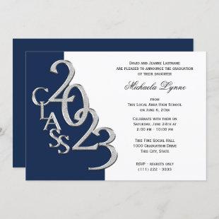 Class of 2023 Grad Silver and Navy Blue Invitation