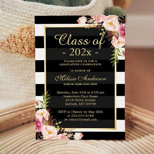 Class of 2023 Graduation Classy Floral Stripes Invitation