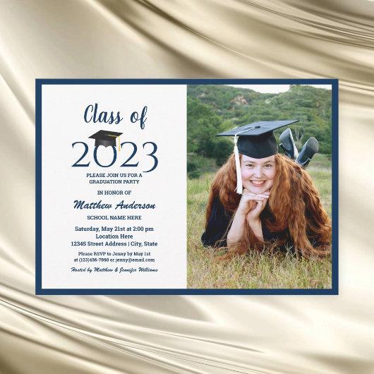 Class of 2023 Navy Blue Graduate Photo Graduation Invitation