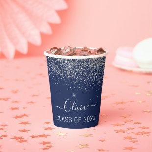 Class of 2023 Silver Navy Blue Glitter Graduate Paper Cups