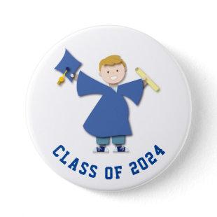 Class of 2024 Boy Grad Blue Cap & Gown Cartoon  Button