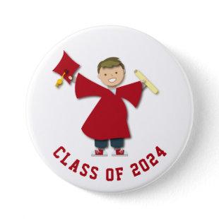 Class of 2024 Boy Grad Maroon Cap & Gown Cartoon  Button