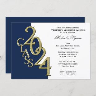 Class of 2024 Grad Gold and Navy Blue Invitation