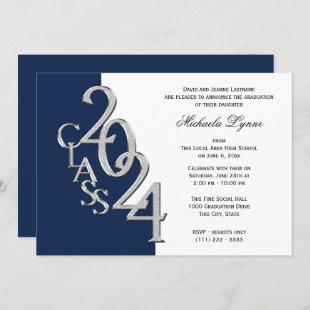 Class of 2024 Grad Silver and Navy Blue Invitation