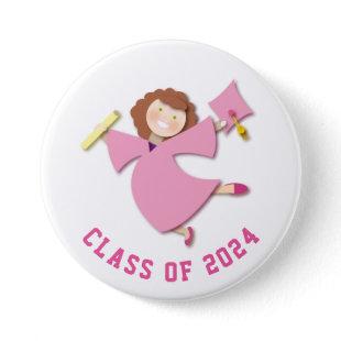 Class of 2024 Pink Cap & Gown Cartoon Button