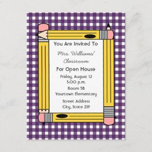 Class Open House: Yellow Pencils, Purple Gingham Invitation