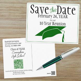 Class Reunion Save The Date Green Grad Cap QR Code Postcard