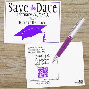 Class Reunion Save The Date Purple Cap QR Code Postcard