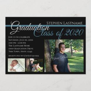 Classic Black Graduation Tri-Photo Invitation