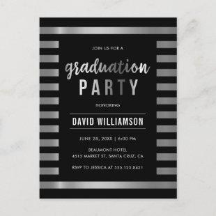 Classic Black & Silver Stripes Graduation Party Invitation Postcard