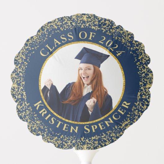 Classic Blue Gold Glitter Grad Photo Graduation Balloon