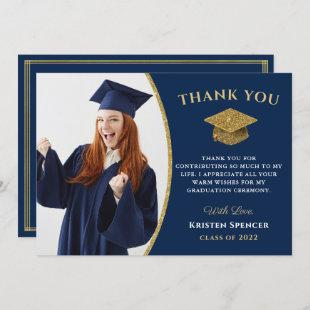 Classic Blue Gold Graduate Photo Graduation  Thank You Card