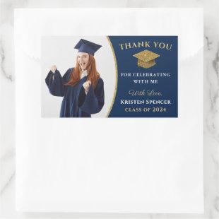 Classic Blue Gold Photo Graduation Thank You Rectangular Sticker