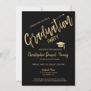Classic Minimal Black Gold Graduation Party Photo Invitation